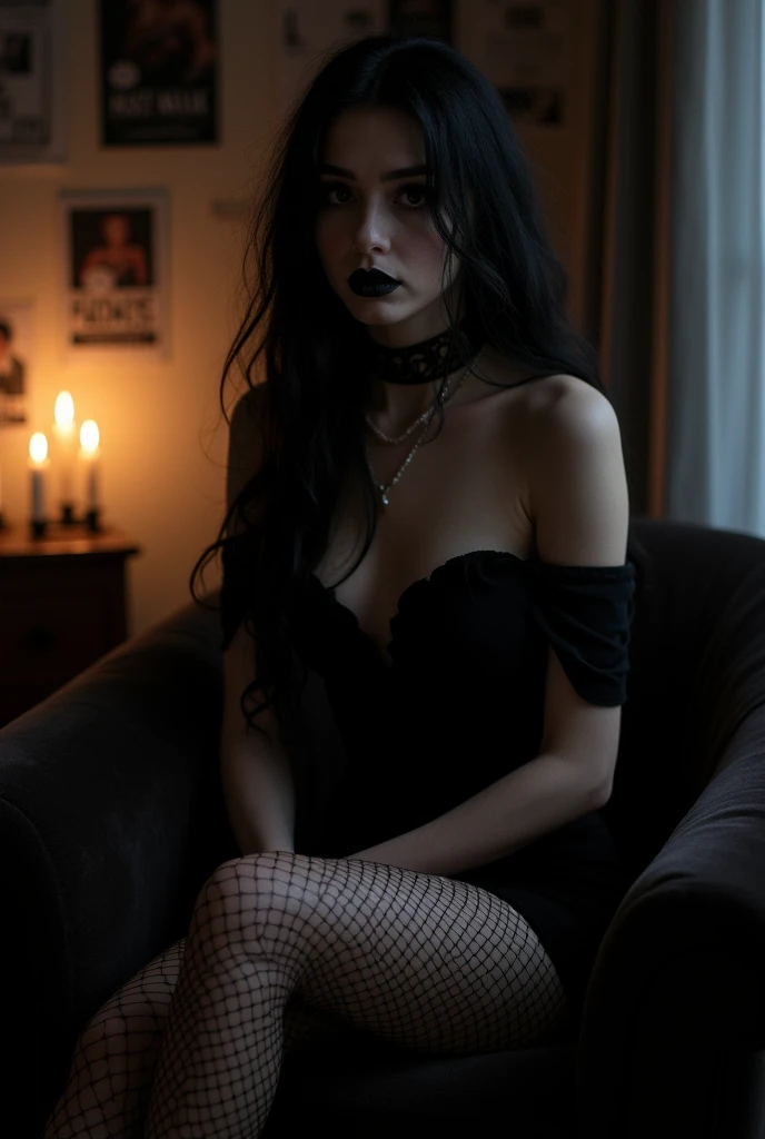 a goth girl in black fishnet tights sitting in a dark candle lit bedroom with dark make-up