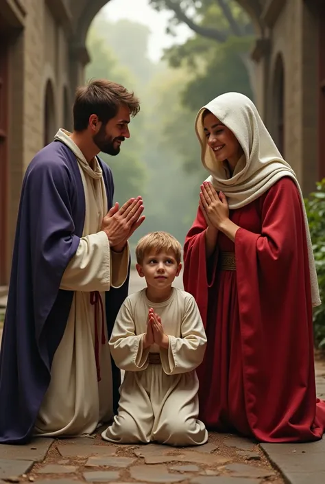 maria, José and a  boy , Theyre on their knees, maria está a direita,  she wears red robes and on top a long blue cloth that she wears as a second garment,  she wears a thick white cloth as a veil , He has his hands together as a sign of prayer ,  in the m...