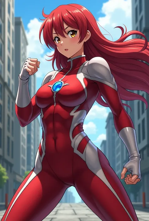 My Hero Academia Style , Anime girl, female, young female ,Full Body Shot,(fighting Pose:1.3),Long hair, Red Hair,  Brown Eyes,Hero Suit, Full Body Suit, red suit with white details,small round blue jewel in the center of the chest, perfect anatomy,  Tough...