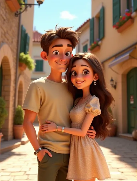 Create a 3D Pixar-style cartoon scene inspired by the uploaded photo. The scene should feature a cheerful and affectionate couple in a quaint cobblestone street surrounded by charming historical architecture. The male character should have messy, textured ...