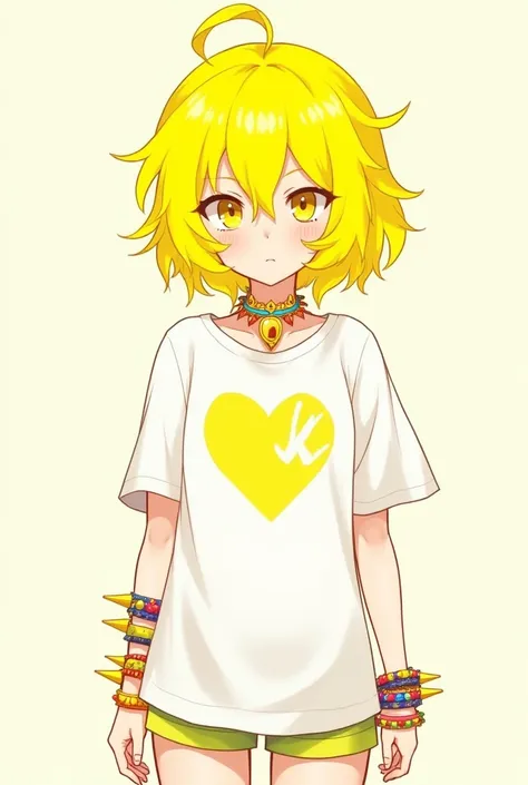 A yellow  with yellow eyes with yellow hair wearing a white t-shirt with a yellow heart wearing a spike necklace and spike bracelets and other colorful anime-style bracelets