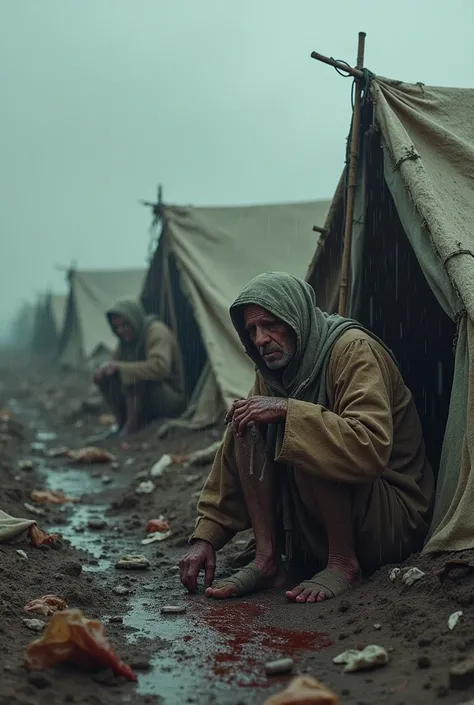 Destroyed tents for displaced people, heavy rain, blood, wars, destruction, heavy snow, broken saliva everywhere, torn clothes