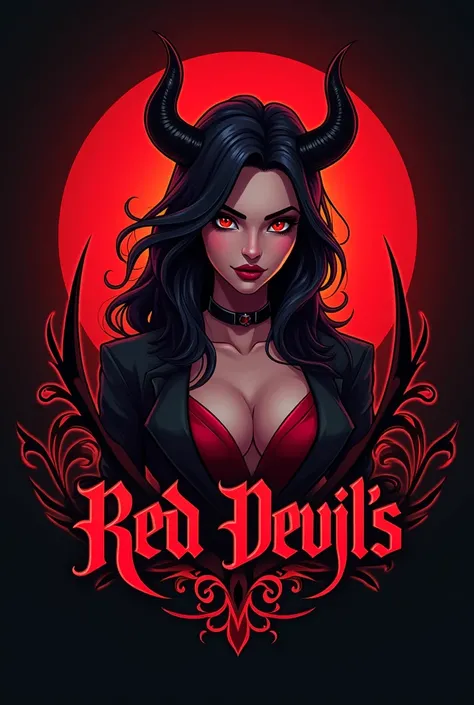  Create a game logo 
Containing a female character 
That the writing has the name " RED DEVILS "
And surrounding it contains the color red and some decorations . 