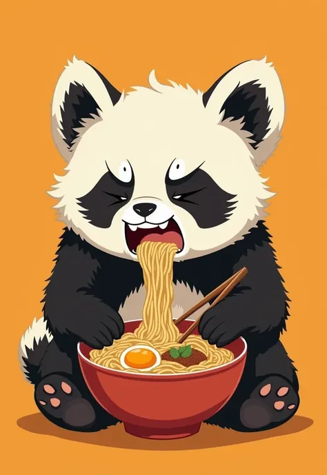 A 2D animated character of a tiny rocker panda, in an angry sitting pose, putting ramen noodles into his open mouth and lifting his bowl to his chest and the size of the bowl is larger than his body, his eyes are closed, the camera is taken from the front,...