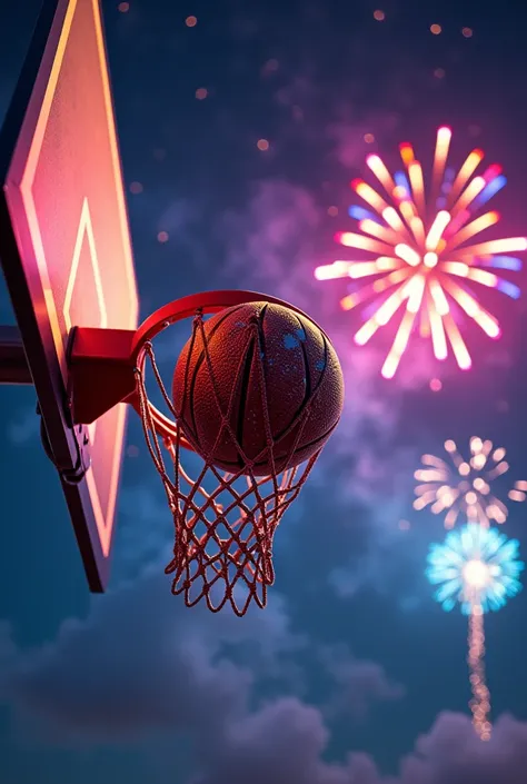 fireworks at night sky background with the word Basketball in the middle hitting a basket with colorful wrapped details