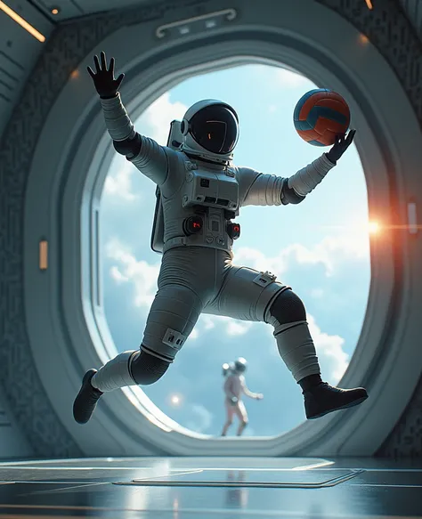 The astronaut is playing volleyball.