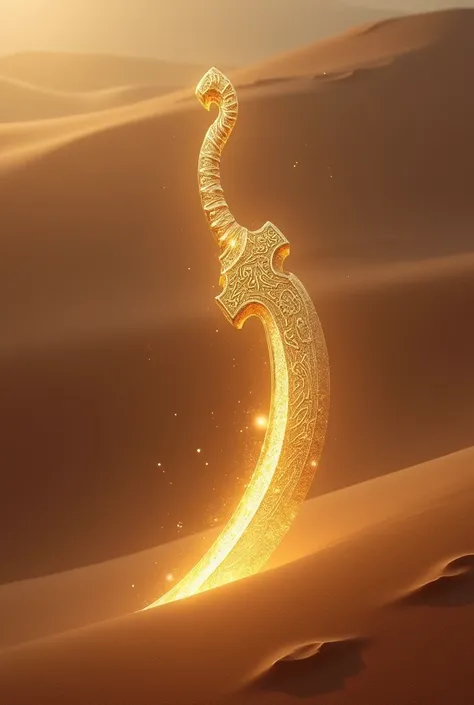 A curved ,  richly decorated blade with golden engravings is highlighted in a sand dune, A magical glow surrounds her .