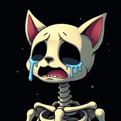 Skeleton cat head crying cartoon style with black background