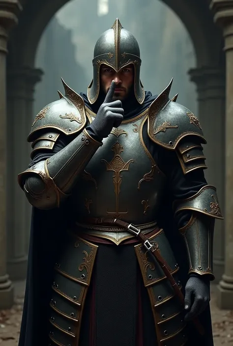 "Create an image of a warrior character in full medieval armor, standing tall and strong. The character is making a shh gesture with one finger pressed to their lips, signaling for silence. The armor should be detailed, with intricate designs, including a ...