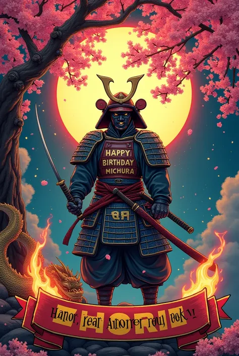 A vibrant, over-the-top birthday card featuring a fearless samurai warrior standing triumphantly under a glowing cherry blossom tree. The samurai wields a katana engraved with the words that spells out ‘Happy Birthday, Gabriel Michiura”, as colorful firewo...