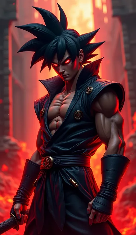 Satanism as Goku
A Half body zoomined portraits of Dark and intimidating Goku figure with crimson eyes, spiky black hair tipped with red, and a dark leather outfit adorned with pentagrams. His energy aura is fiery red and black, and he wields a demonic swo...