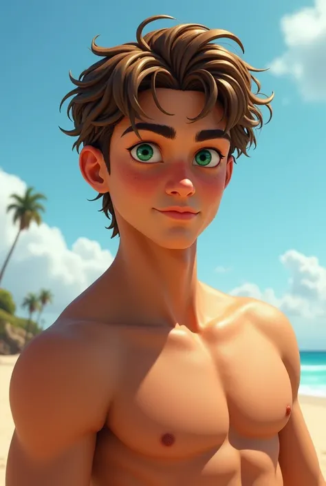 Handsome teenager with brown hair looking like a surfer with green eyes