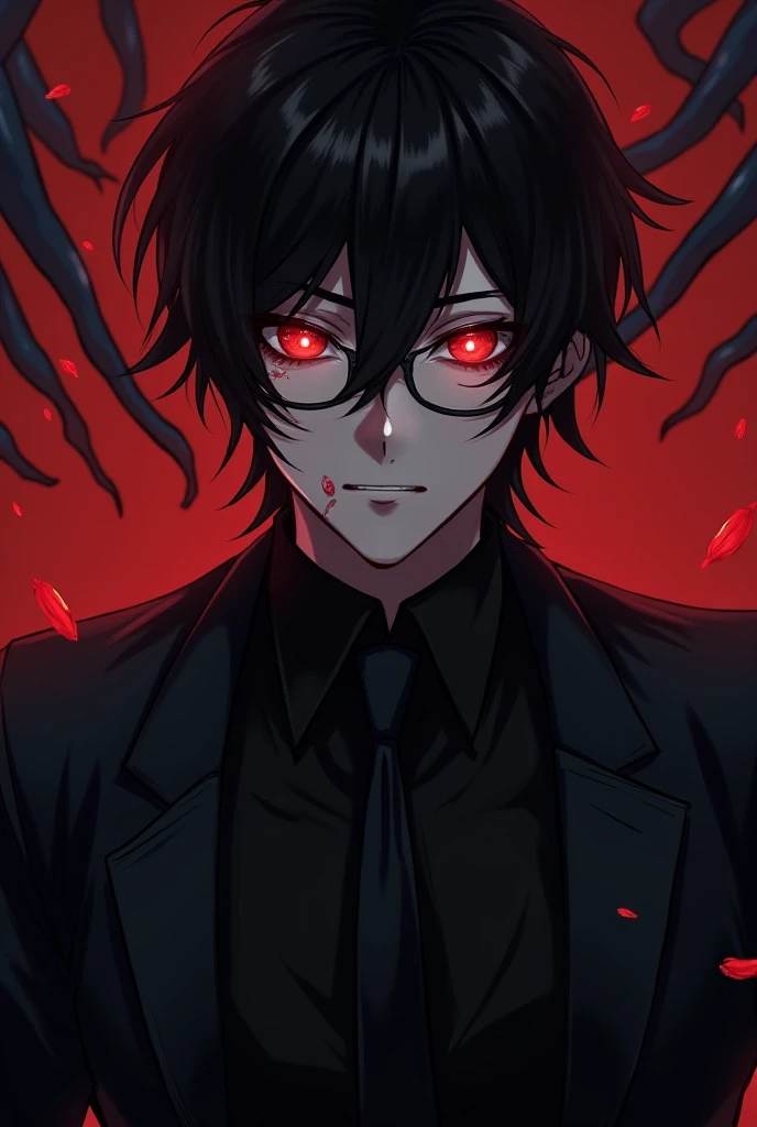 Handsome anime man with glowing red eyes in a black suit wearing glasses with black gloves, long slender fingers with stagnant facial veins.