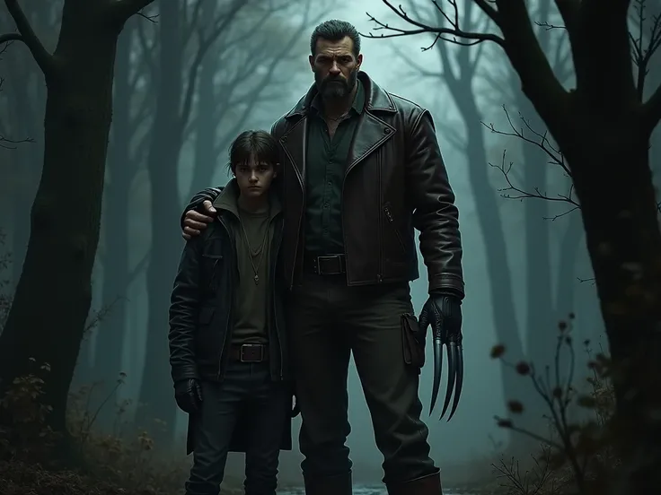 Logan stands protectively beside Dafini  ,  his rough face with sideburns and sharp claws extended ,  wearing his iconic leather jacket in a dimly lit forest clearing.