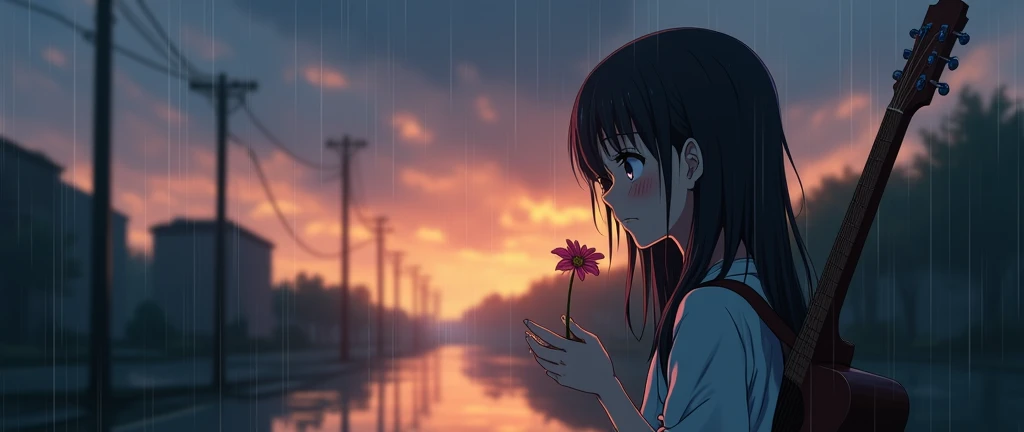 " An anime-style scene of a sad girl in the rain during a melancholic evening.  She holds a broken flower in her hand while carrying a guitar on her back . Her expression reflects pain and loneliness ,  with raindrops flowing down her face and wet hair .  ...