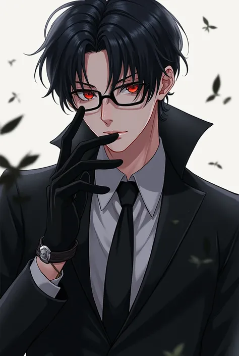 Handsome anime man with flashy red eyes in a black suit wearing glasses with black gloves, long slender fingers with veins.