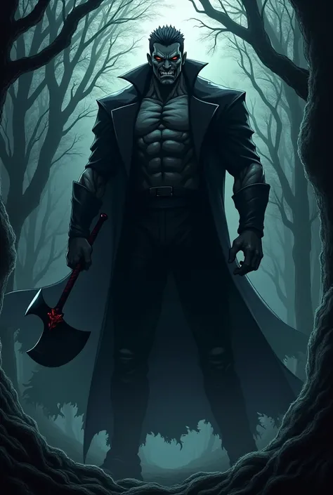 A powerful evil anime man holding a sharp ax in the woods is a hired killer 