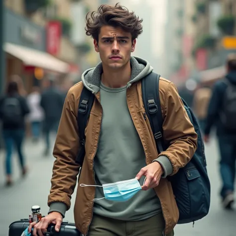  realistic photo of a 20-year-old tourist with a cold.  with his travel bags and souvenirs ,  but with a mask and pills. it should be noted that he is a tourist 