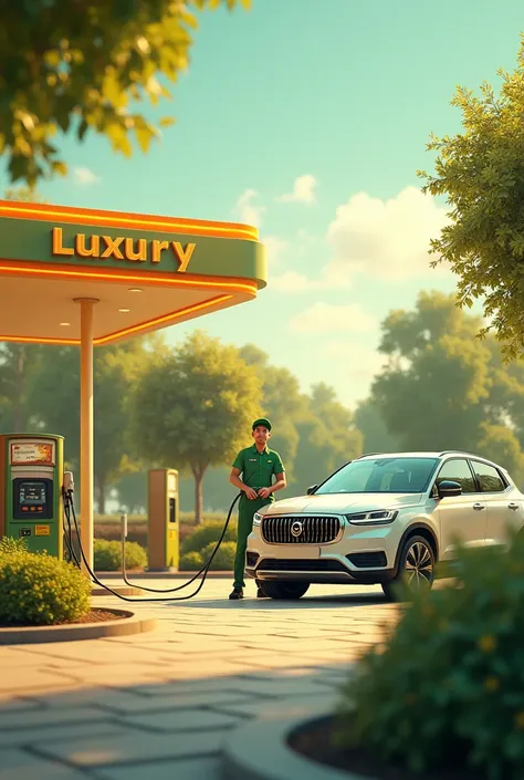 Create an animated image showing a large and beautiful luxury gas station painted green and yellow, with a man gas station attendant smiling at photo , Alone with green clothes and cap holding the fuel pump hose to fill a white car in the morning 