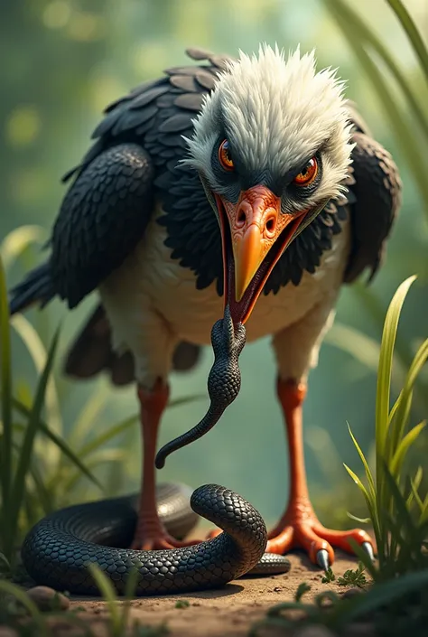 Mamma Pajaro tramples her beak sticks her beak in the snakes head in anger