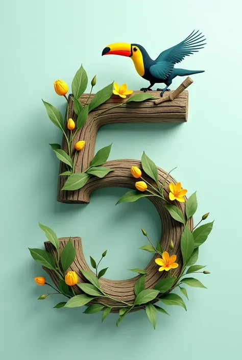 3D rendering of the stylized and elegant words "5" crafted with natural-inspired elements like wooden branches, soft and flowing curved letters in soft shades of green, blue and yellow, A vibrant toucan lands gracefully on a branch which integrates perfect...