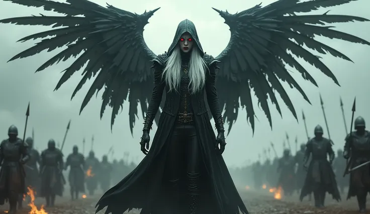 monster,  bright red eyes ,  long hair, smooth and white floating in the wind ,  metal eagle wings with sharp blades coming out of the wings ,  wearing a long black gothic hooded coat Alondra punk warrior combined with knee-length black leather boots, play...