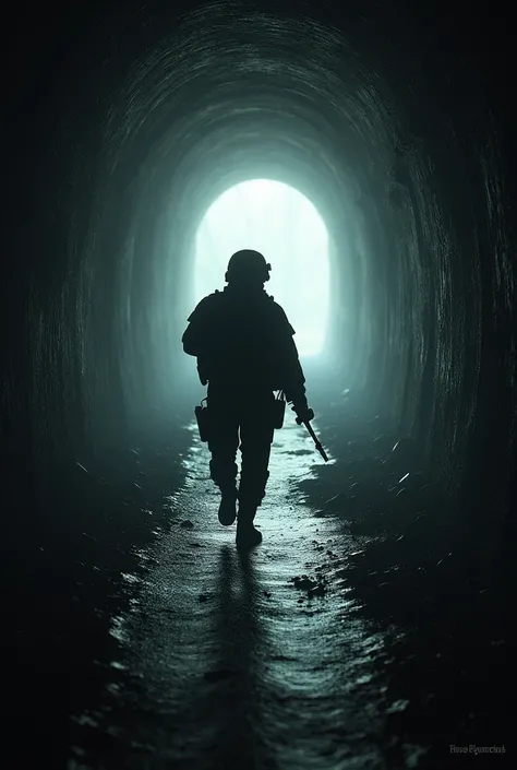 A soldier walking through a tunnel