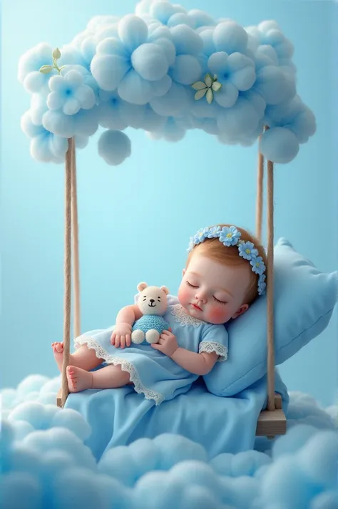 Draw a picture showing a baby sleeping on a small swing, wearing a light blue dress with lace trim. Above the baby, there is a blue flower decoration that looks like a cloud, while in his hand is a knitted doll. The background of the image is dominated by ...