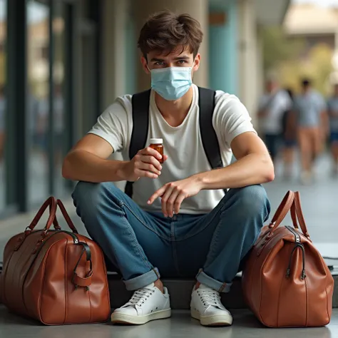  realistic photo of a 20-year-old tourist with a cold.  with his travel bags and souvenirs ,  but with a mask and pills. it should be noted that he is a tourist . Make your suitcases look good