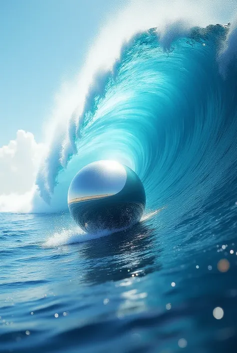 Dance reflection sphere dropping into ocean and making gigantic wave