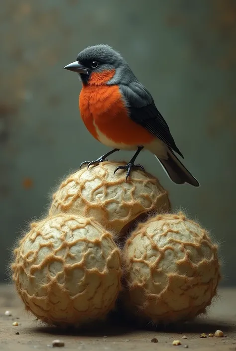 Bullfinch bird with two human balls, hairy balls, Folds on the balls