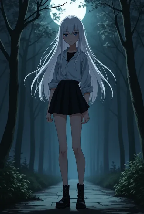 (absurdres, highres, ultra detailed), masterpiece, best quality, 8K Ultra HD, cinematic lighting, anime-style, (dark outdoor scene), a tall anime-style woman with long, flowing white hair, wearing a loose white shirt, a black undershirt, and a short pleate...