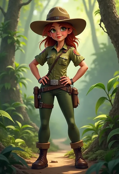 araffe dressed in uniform standing with hands on hips, portrait of a female ranger, female explorer mini cute girl, female sheriff, full - body portrait of a ranger, gorgeous jungle ranger, animation character, solo female character, character is in her na...