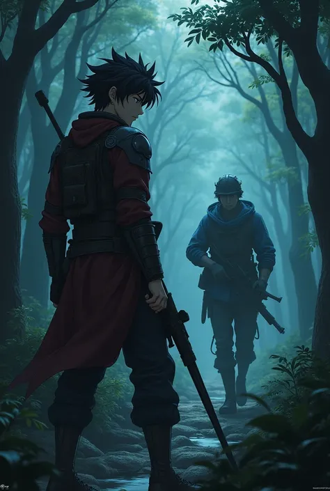 A young anime man catches a bandit sniper in a scary forest