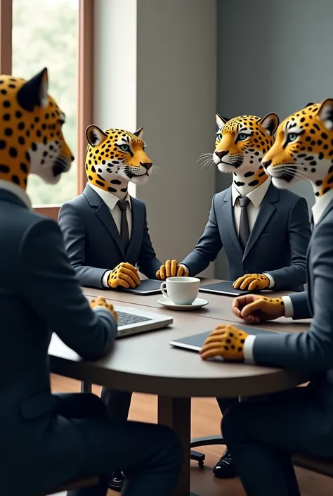 Four jaguars community manager in suits at a meeting at a round table with laptops and coffee on it 