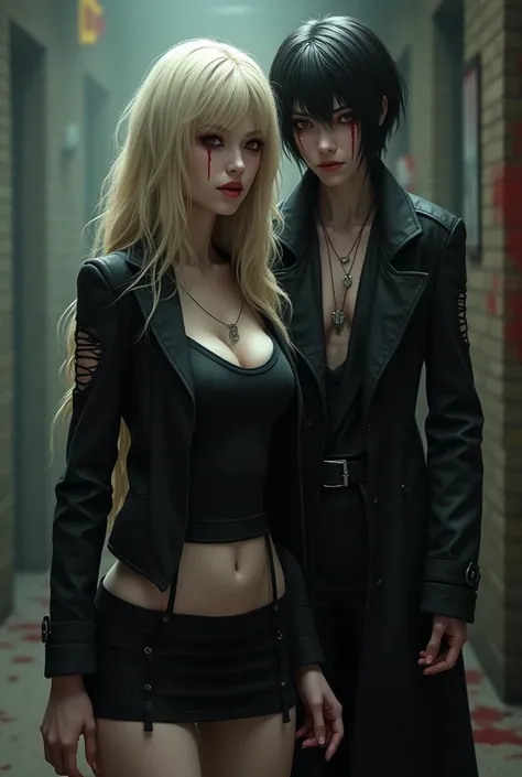 Evil Female milf long blonde hair Glasgow smile white pale skin wearing a black ripped  jacket black tank top Mini skirt black ink dripping from eyes Thick thighs DDD small background standing beside 1boy wearing Black ripped trench coat no Shirt short bla...