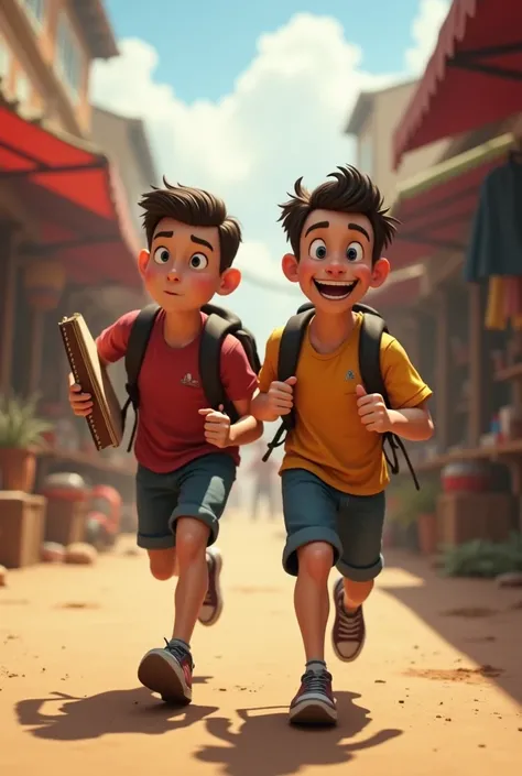 A 3D high-resolution image of Sam and Jake sprinting through the marketplace. Sam looks determined, gripping his notebook, while Jake looks curious but excited. The motion blur behind them suggests urgency as the market fades into the background.

