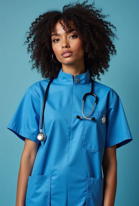  blue medical uniform , high collar with closure ,  on the left side on the chest have written Dr..  Nilka Rondon pocket on the sides with closure , latex fabric , stethoscope attached to the neck ,  curly hair brunette model,  place or stage a hospital or...