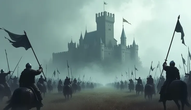 castle in front of a medieval battlefield with knights fighting in the background,  Gloomy weather with white fog