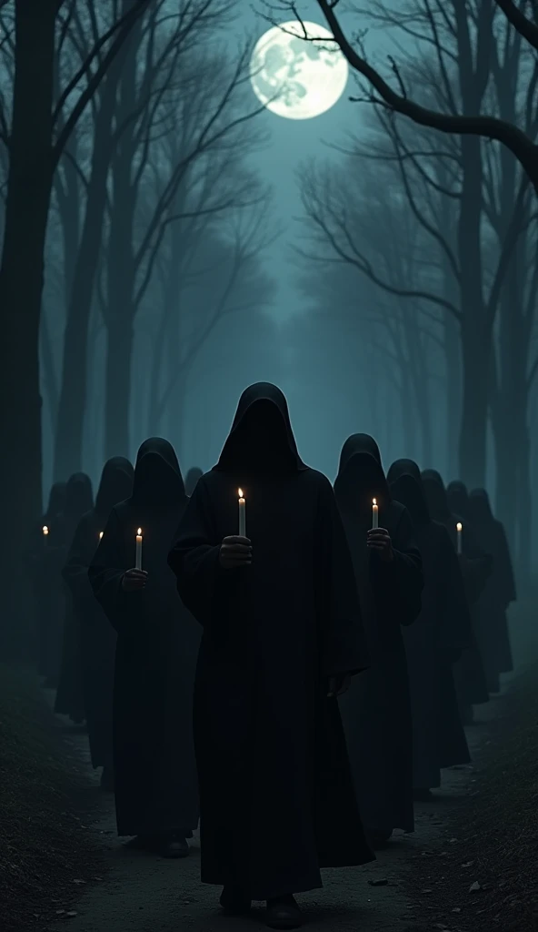 In a closed forest, at night. Illuminated by the full moon. A row of monks in black, covered with hoods. They carry a candle in their hands. They walk in a row very slowly. They are like ghosts. The camera approaches them very slowly and at a low angle, al...