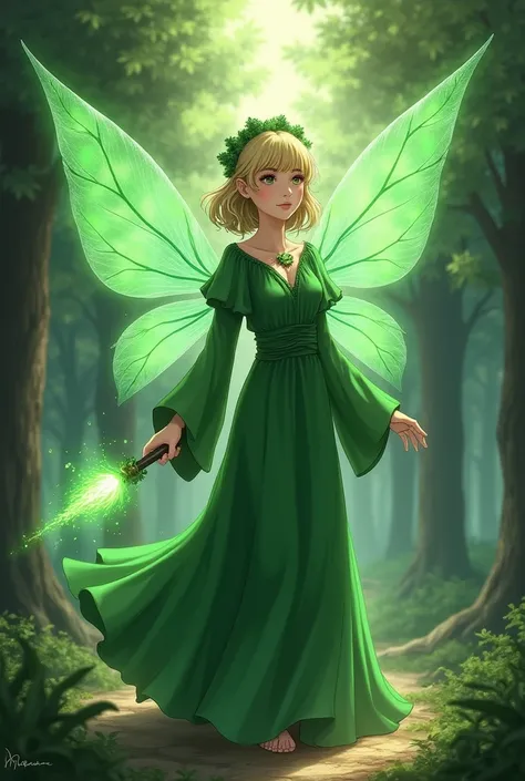 A  old girl wears a green gown, her hair color is green and blondshe had a transparent green wing green sparks were fly around her in a magical forest grove, she hold a magical staff in her righthand. Anime style, masterpiece, fantasy