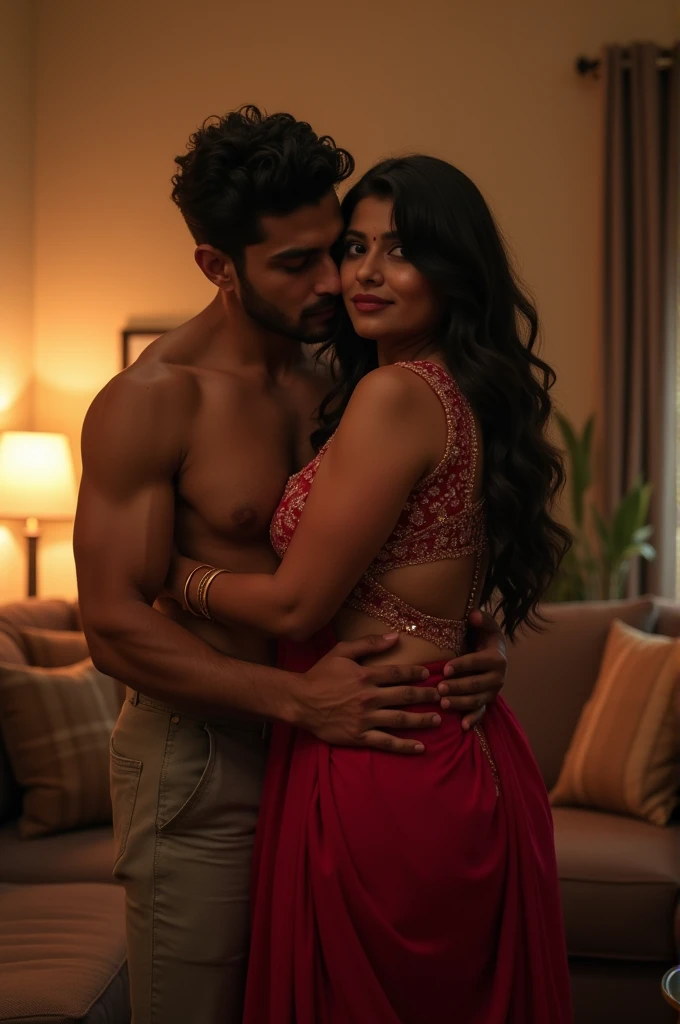 Young thick open bra, thick thighs Sexy girl indian nude busty woman kissing 25 years young handsome man, sofa , living room , romance, Full body, saree,  big boobs , large boobs, saree slipped 