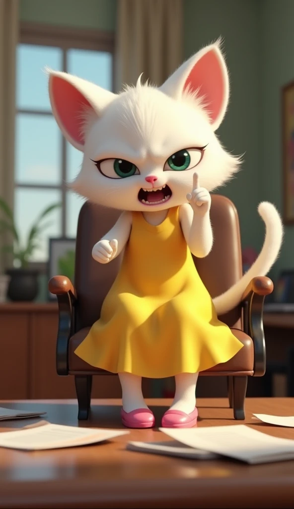 In cinematic 3D style, HD image, realistic image, colourful image.
Character, 
Character, beautiful lena big white cat wearing yellow long dress and high heel pink sandal
Action,This is the office of a principal. A lena big white cat is sitting on a chair ...