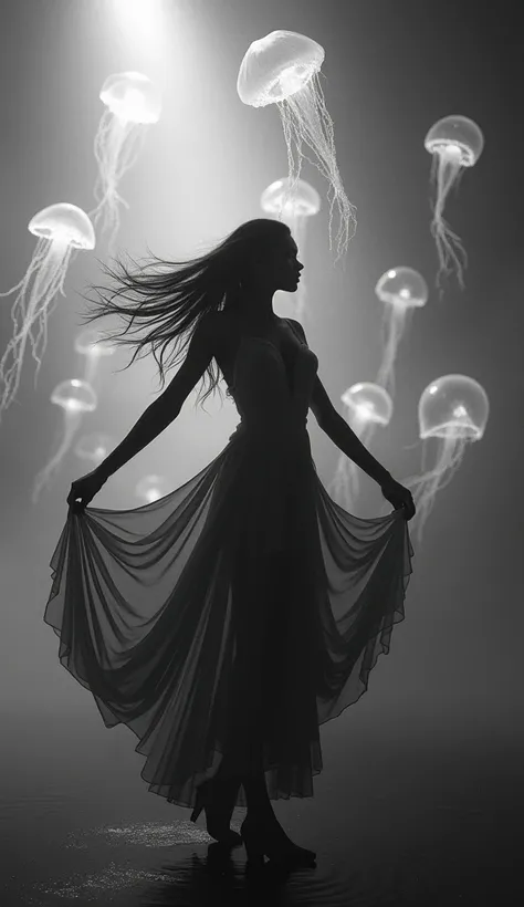 The image shows a beautiful woman, long black hair, wearing a jellyfish dress, conceptually dancing in a three-dimensional room with floating holographic jellyfish. It exudes an air of mystery and intrigue. The use of black and white enhances the dramatic,...