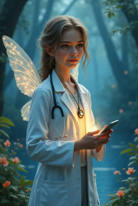 A beautiful adolescent medical fairy , This teenage medical fairy ,  with a soft and smiling appearance ,  dressed in a white coat and wings shining in the moonlight , She treats a patient with love .  In the enchanted forest of flowers and leaves , with a...