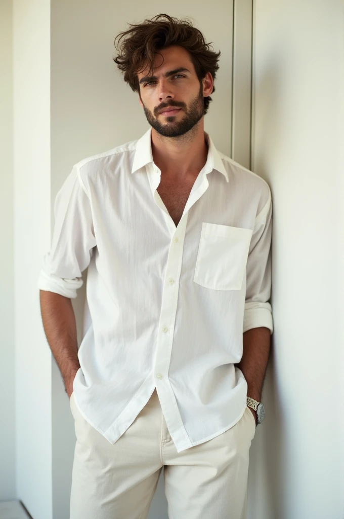  24-year-old man with messy black style hair , illuminated and soft skin , male beard ,  front image angled from below ,  he wears a white button linen shirt ,  and white linen pants ,  he is posing with flow and winking his eye ,  stands near a luxurious ...