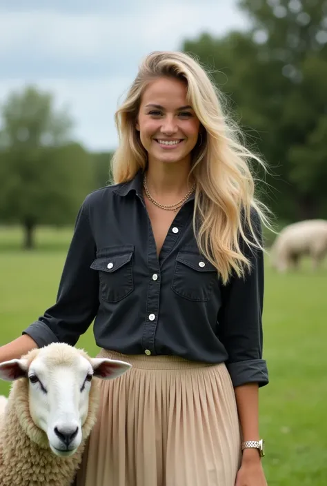 Photo of a beautiful young woman. She is wearing a black denim shirt with rolled up sleeves and a beige skirt, touching a sheep in a green meadow. The woman has long blonde hair and is wearing a necklace. She is smiling. The sheep has white wool and is sta...