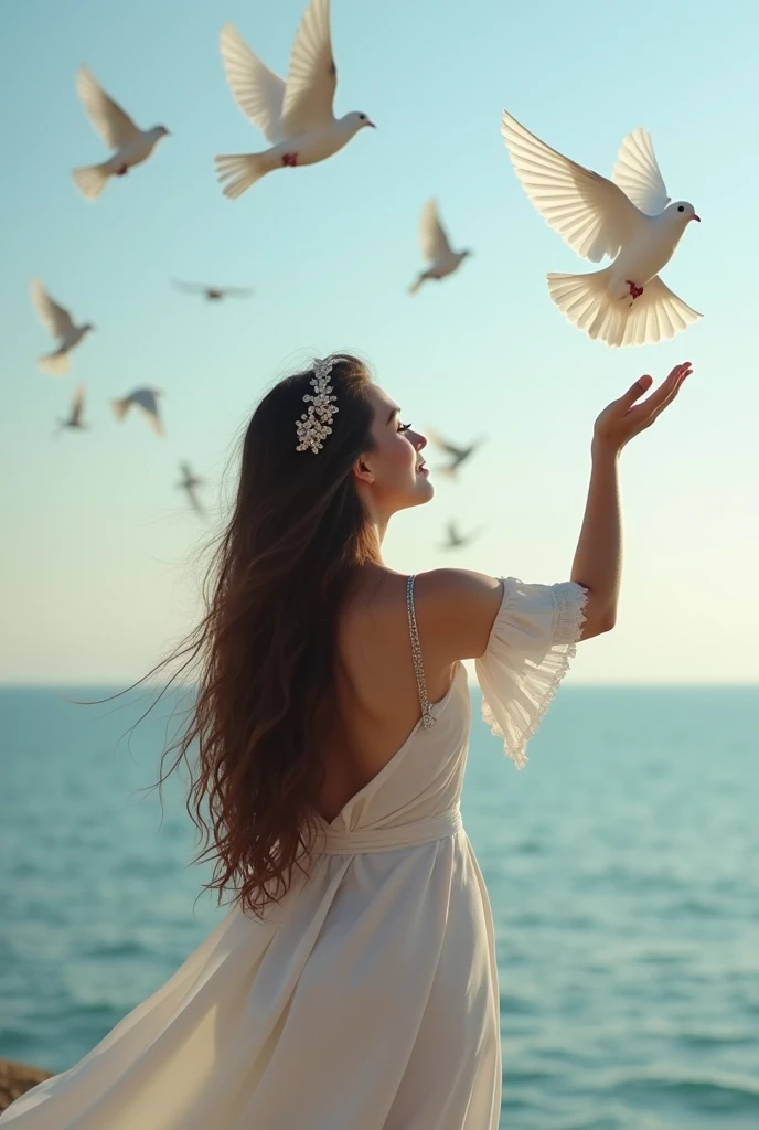  Photo realism of a beautiful 28-year-old woman , She with long brown hair ,  de belleza caucasica, con una diadema pequeña en su cabello, standing on her back facing the sea releasing doves on the fly