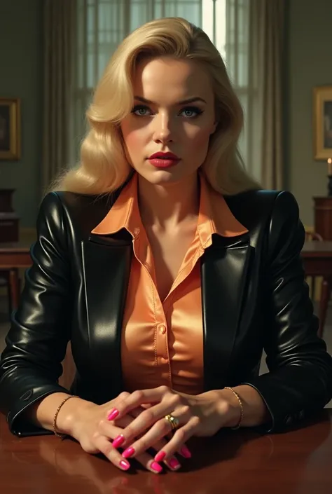 
1940s, Fearless, a ruthless and fearsome caucasian female criminal,(((35 years old)))with long straight blonde hair, light blue eyes,cold menacing stare,perfect manicured hands with hot pink shiny nail polish in elegant men&#39;s black leather mafia suit,...