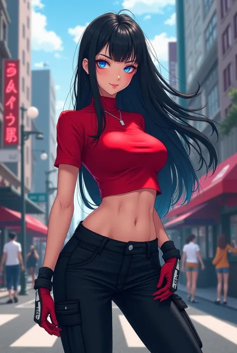 A Beautiful female anime with blue eyes long black hair wearing red crop top and black cargo pants stand in a street give poses for image Crowd 